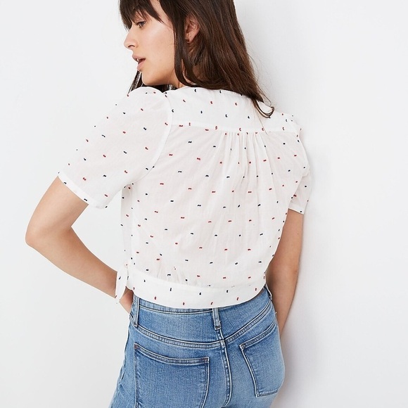 Madewell Short-Sleeve Wrap Top in Clipdot white blue red dot blouse - Picture 3 of 11